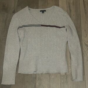 Tommy Hilfiger Light Gray V-Neck Sweater with Stripe Accent